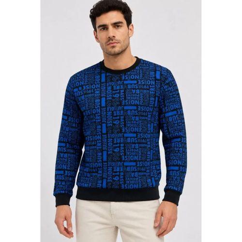 Erkek Siyah Mavi Yazı Desenli İki İplik Şardonlu Sweatshirt