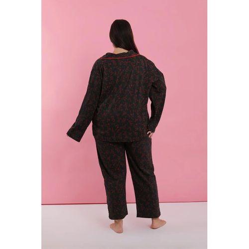 Kadın Büyük Beden Siyah Kırmızı Çiçekli Düğmeli Pijama Takımı