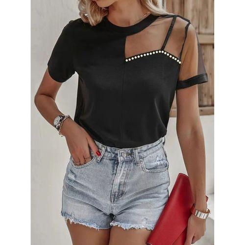 Kadın Kısa Kollu Tül Detaylı Taşlı Janjan Krep Bluz