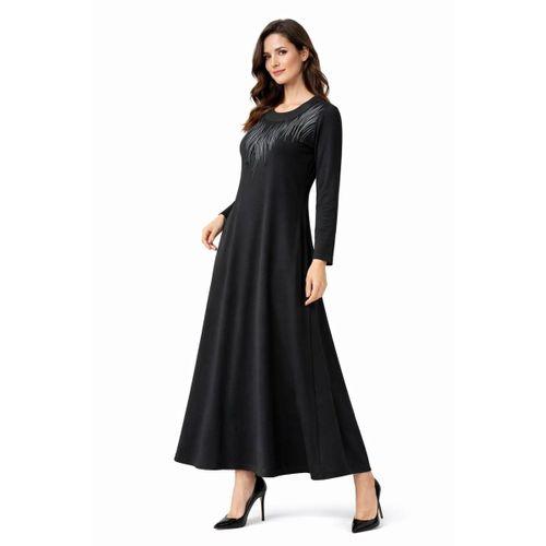 Kadın Siyah Taşlı  Uzun Kol Likralı Viskon Elbise BGL-ST05326