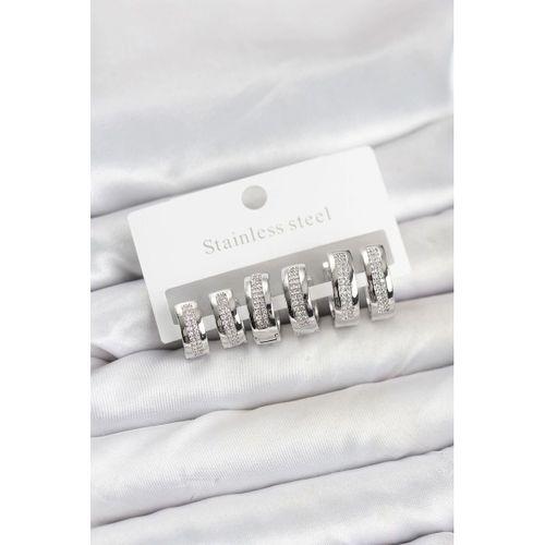 316L Çelik Gümüş Renk Zirkon Taşlı Halka Küpe Seti