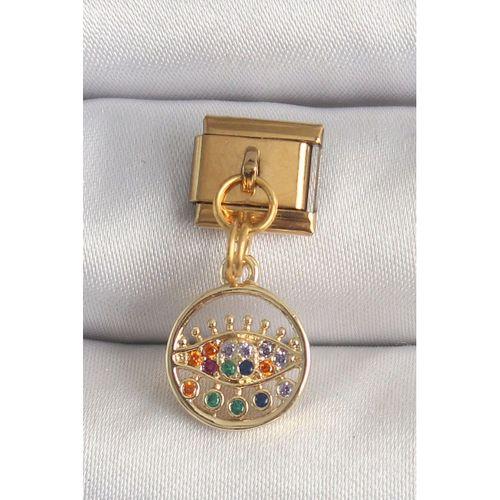 316L Çelik Gold Renk Sallantı Renkli Zirkon Taşlı Göz Model Nomination Charm