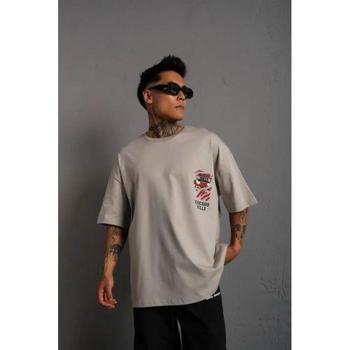 Erkek Sırt Baskılı A Kalite Oversize T-shirt - Gri
