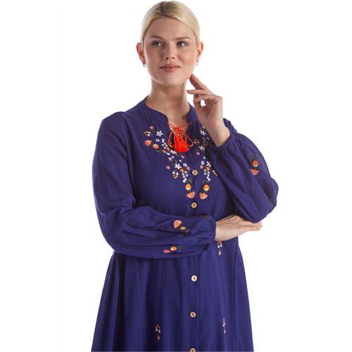 Uzun Kol Mor Nakışlı Püskül Bağcıklı Hakim Yaka Yazlık Şile Bezi Uzun Elbise