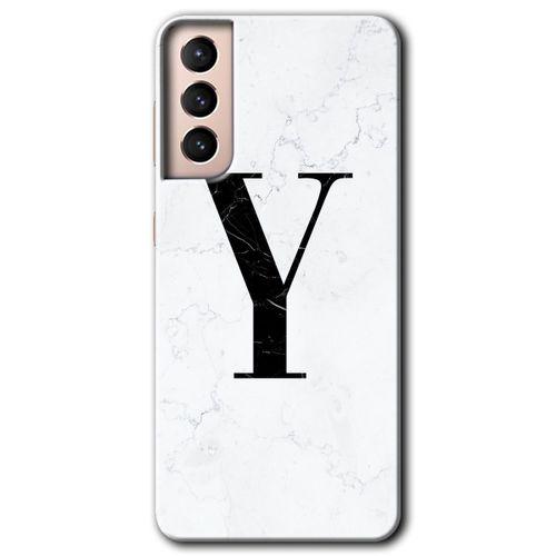 MRCİLETİSİM Samsung Galaxy S21 Plus Kılıf HD Desen Baskılı Arka Kapak + Temperli Cam - Beyaz Mermer Desenli Y Harfi