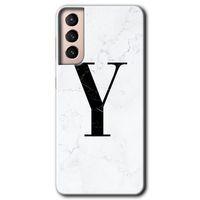 MRCİLETİSİM Samsung Galaxy S21 Plus Kılıf HD Desen Baskılı Arka Kapak + Temperli Cam - Beyaz Mermer Desenli Y Harfi