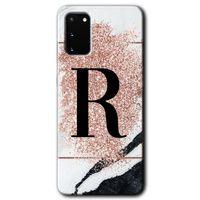 Samsung Galaxy S20 HD Baskılı Kılıf + 9D Tam Ekran Koruyucu - Pembe Mermer Desenli R Harfi