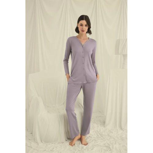 Uzun Kollu Düğmeli V Yaka Pijama Takımı