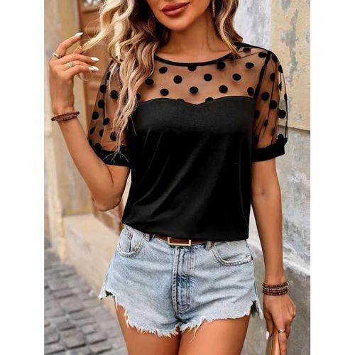 Kadın Kısa Kollu Bisiklet Yakalı Kolları Puantiyeli Viskon Bluz