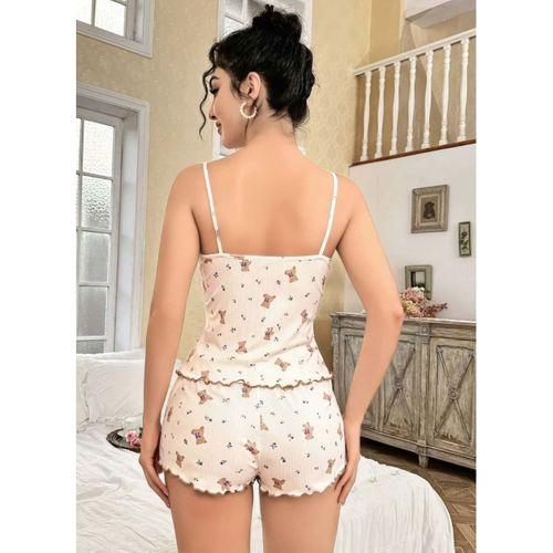 Kadın Ayıcık Desenli Şortlu Pijama Takımı Sevimli Rahat 2’li Set