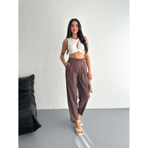 Yüksel Bel Rahat Paça Pantalon - Kahverengi