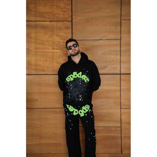 Erkek Kapüşonlu Eşofman Takım Örümcek Ağı Ve Neon Yeşil Baskılı Kanguru Cepli Oversize Rahat Kalıp, Premium Üç İplik Kumaş - Siyah