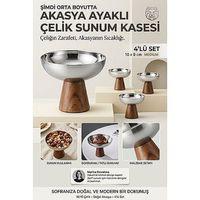 4 lü - MEDIUM - Akasya Ayaklı Çelik Dondurmalık Çerezlik Pasta Meyve Sunum Kasesi İkramlık Seti 18/10 304 Çelik 723769