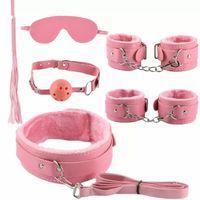 Deri Pembe Harnes Fantazi 7'li Kelepçe Kırbaç Fetiş Seti