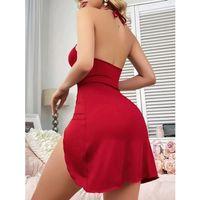 Kadın Kırmızı Boyundan Bağlamalı Yırtmaç Detaylı Şık Mini Elbise
