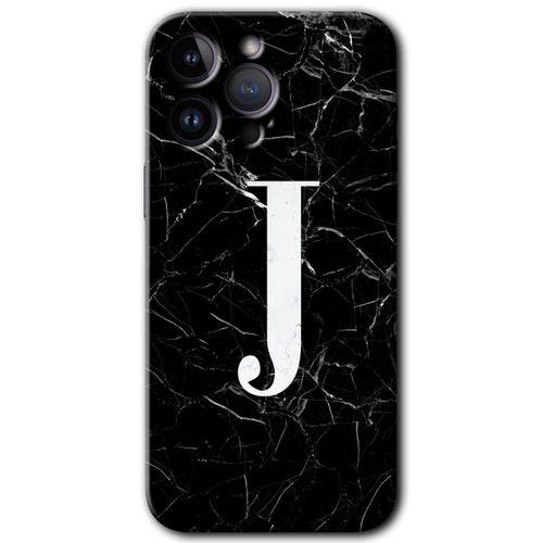 Potkal Hediye Fabrikası Potkal Hediye Fabrikası iPhone 14 Pro Max Kılıf HD Desen Baskılı Arka Kapak - Temperli Cam - Siyah Mermer Desenli J Harfi