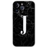 Potkal Hediye Fabrikası Potkal Hediye Fabrikası iPhone 14 Pro Max Kılıf HD Desen Baskılı Arka Kapak - Temperli Cam - Siyah Mermer Desenli J Harfi