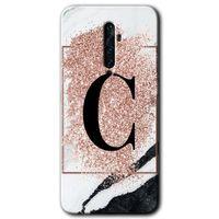 Oppo Reno 2z Kılıf HD Desen Baskılı Arka Kapak + Temperli Cam - Pembe Mermer Desenli C Harfi