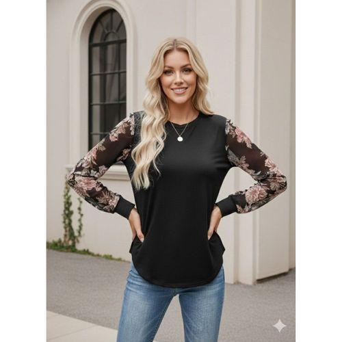Kadın Uzun Kollu Bisiklet Yakalı Kolun çiçek Desenli Viskon Iki Iplik Bluz