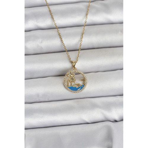 316L Çelik Zincir Gold Renk Zirkon Taşlı Deniz Temalı Kadın Kolye