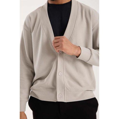 Potter Dokulu Selanik Kumaş Oversize Basic 3 Düğmeli Erkek Hırka - Mineral Gri