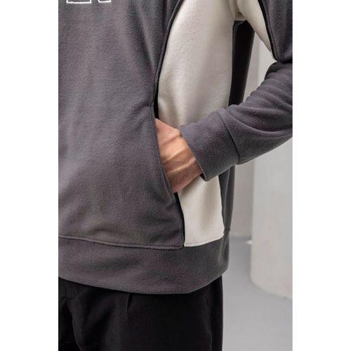 Frank Parçalı Kontrast Desenli Kapüşonlu Oversize Cepli Polar Erkek Sweatshirt - Füme