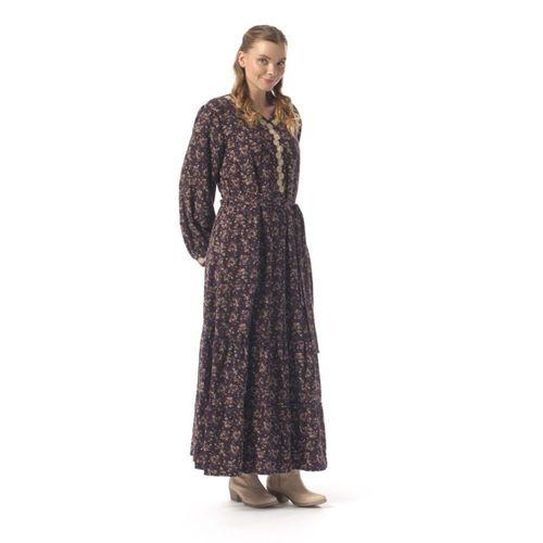 Vera Düğmeli Menekşe Desen Pazen Çift Cepli Kuşaklı Uzun Kollu Kışlık Uzun Elbise Mor Mor