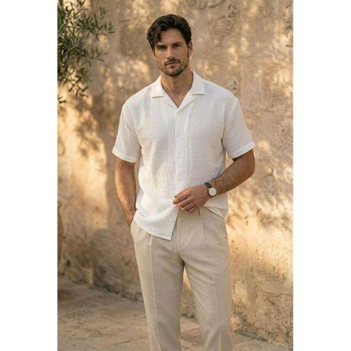 Yarım Oversize Apaş Yaka Kısa Kol Müslin Kumaş Erkek Gömlek - Beyaz