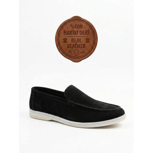 BA0252 %100 İçi Dışı Hakiki Deri Erkek Siyah Süet Casual Loafer Termo Taban Ayakkabı