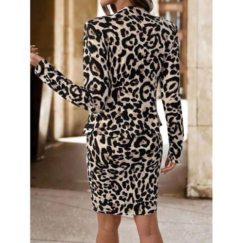 Kadın Uzun Kollu önü Açık Leopar Desen Modal Ceket Ve Etek Ikili Takım