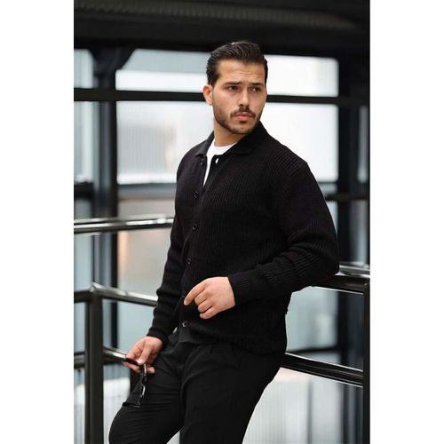 Oversize Selanik Örgü Düğmeli Erkek Hırka-Siyah