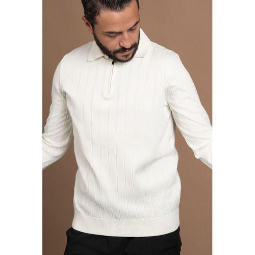 Fermuarlı Polo Yaka Polyamid Kumaş Kendinden Çizgili Likralı Triko Kazak