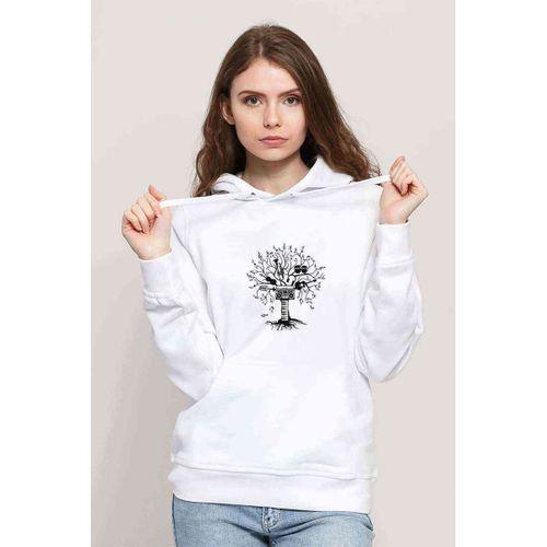 Silhouette Melody Tree Baskılı Beyaz Kadın Kapşonlu Sweatshirt