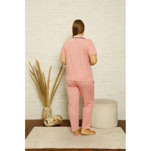Kadın Pamuklu Cepli Kısa Kol Büyük Beden Pijama Takım Pembe
