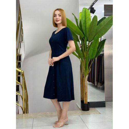 Kadın Kısa Kollu V Yakalı önden Düğmeli A Kesim Dokuma Elbise