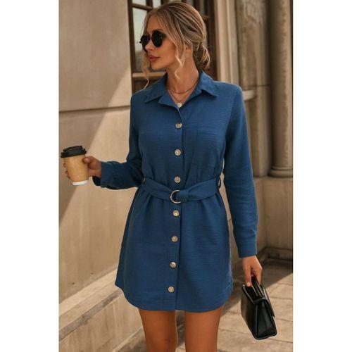 Kadın Uzun Kollu Yakalı önden Düğmeli Beli Kuşaklı Mini Ithal Keten Elbise