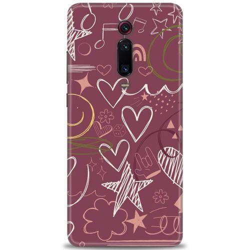Xiaomi Mi 9T Kılıf HD Baskılı Kılıf - Notalar ve Kalpler Bordo + Tam Ekran Koruyucu