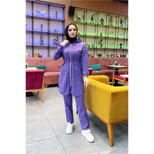 Kapşonlu Fermuarlı Belden Bağlamalı Sade Basic İkili Spor Takımı - 03070.207 - Koyu Lila