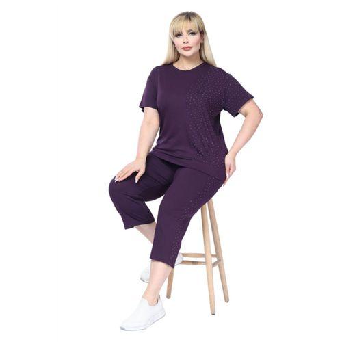 Melsay Butik Mor Kısa Kollu Yarım Taş Baskılı Viskon Kapri Takım
