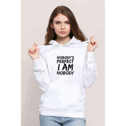 Nobodys Perfect I Am Nobody Baskılı Beyaz Kadın Kapşonlu Sweatshirt