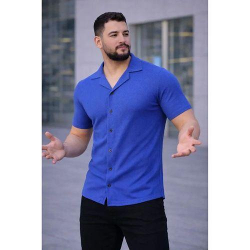 Erkek Waffle Dokuma Açık Yakalı Düğmeli Regular Kalıp 2’li Gömlek Seti - Siyah - Saks Mavisi