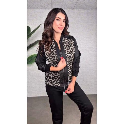 Kadın Uzun Kollu önden Fermuarlı Leopar Desenli Viskon Iki Iplik Bluz Ve Pantolon Ikili Takım