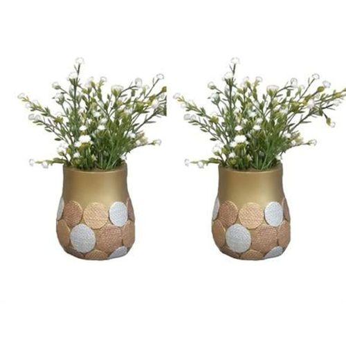 2 Adet Vazo Dahil,Vazoda Çiçek,Beyaz Yapay Çiçek,Vazo Dekoratif Altın Puanlı Poliresin 9X9X15Cm