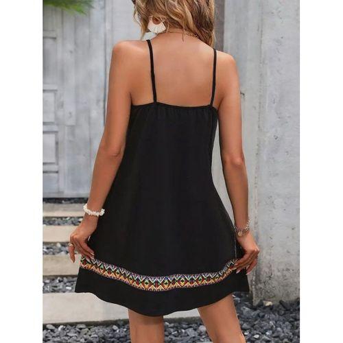 Kadın Ip Askılı V Yakalı Etnik Desenli Detaylı Elbise