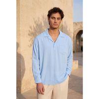 Sartre Apaş Yaka Tek Cepli İnce Modal Kumaş Oversize Uzun Kollu Yazlık Gömlek - Soğuk Mavi