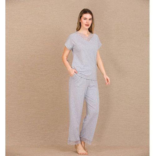 Viskon Şık Tasarım Dantel İşlemeli Gri Kısa Kol Pijama Takımı