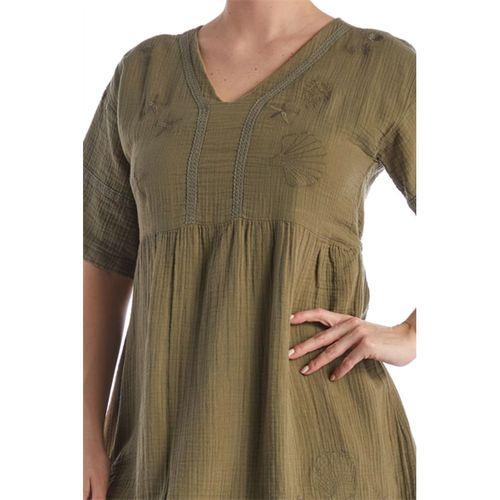 Kısa Kol Haki V Yaka Nakışlı Midi Boy Müslin Yazlık Elbise