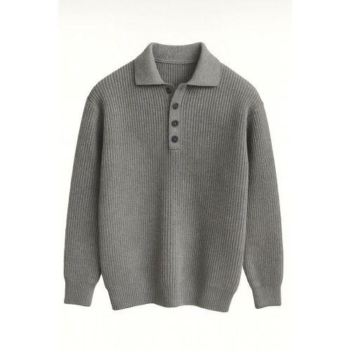 Oversize Selanik Örgü 4 Düğmeli Yarım Pat Rahat Kalıp Erkek Triko Kazak - Füme