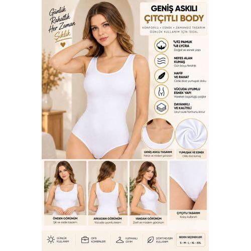 Kadın Geniş Askılı Çıtçıtlı Body Beyaz, Esnek Kumaş, Vücuda Oturan Basic Kadın Body - ryl - 2700