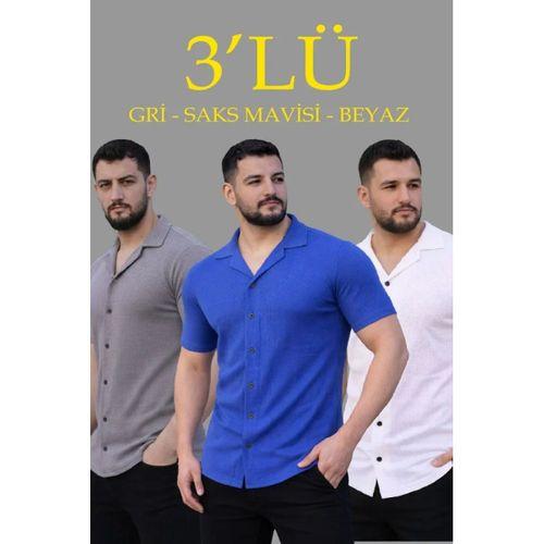 Erkek Waffle Dokuma Açık Yakalı Düğmeli Regular Kalıp 3’lü Gömlek Seti - Gri, Saks Mavisi, Beyaz